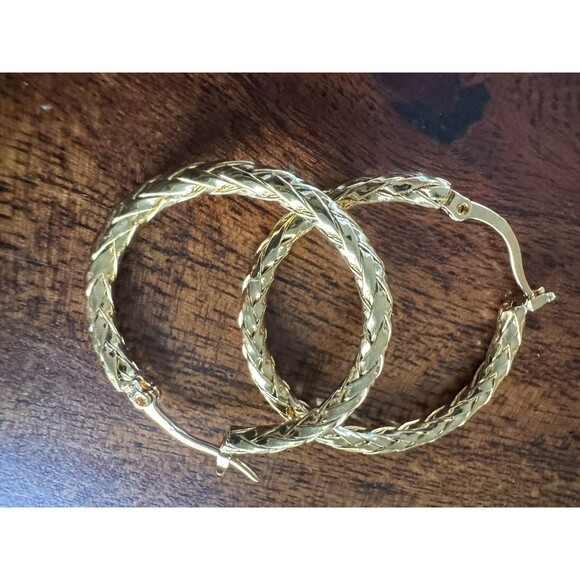 14K Solid Gold Weave 30mm Pattern Hoop Earrings for Women - Picture 9 of 10